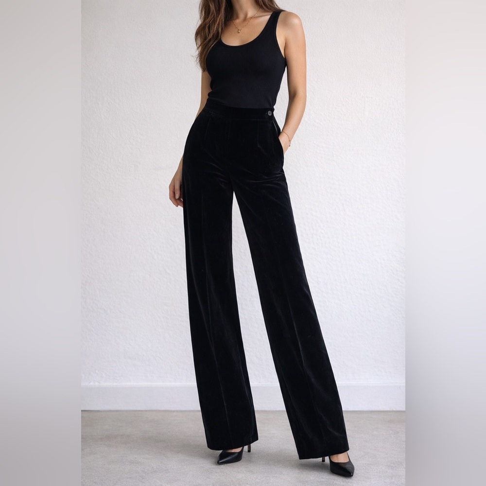 Vintage Saint Laurent Rive Gauche Black Velvet Wide Leg Pants | Size 10